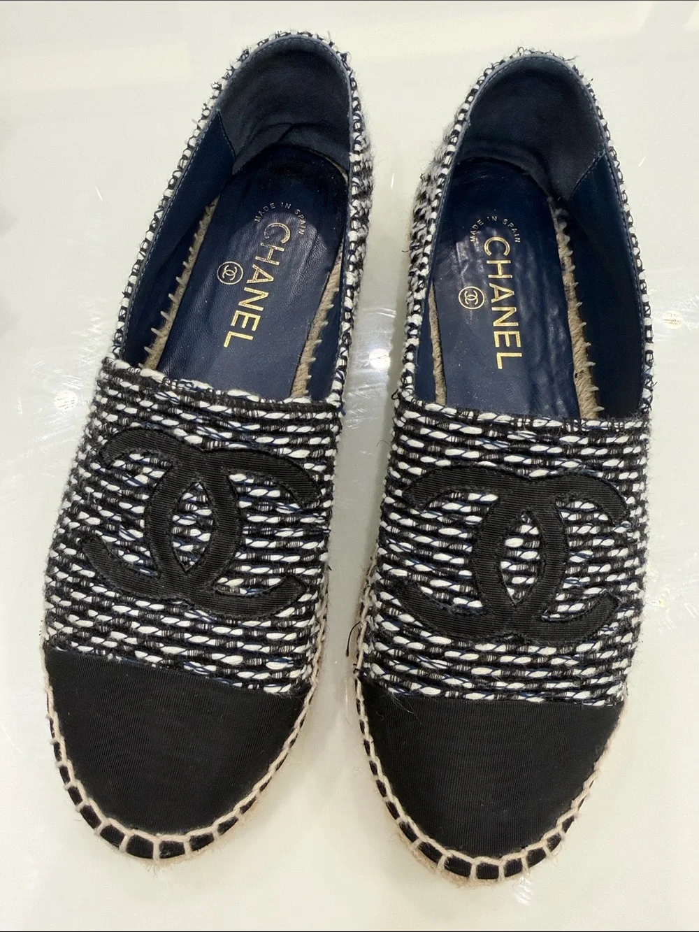 CHANEL Black & White Tweed Espadrille Slip-Ons